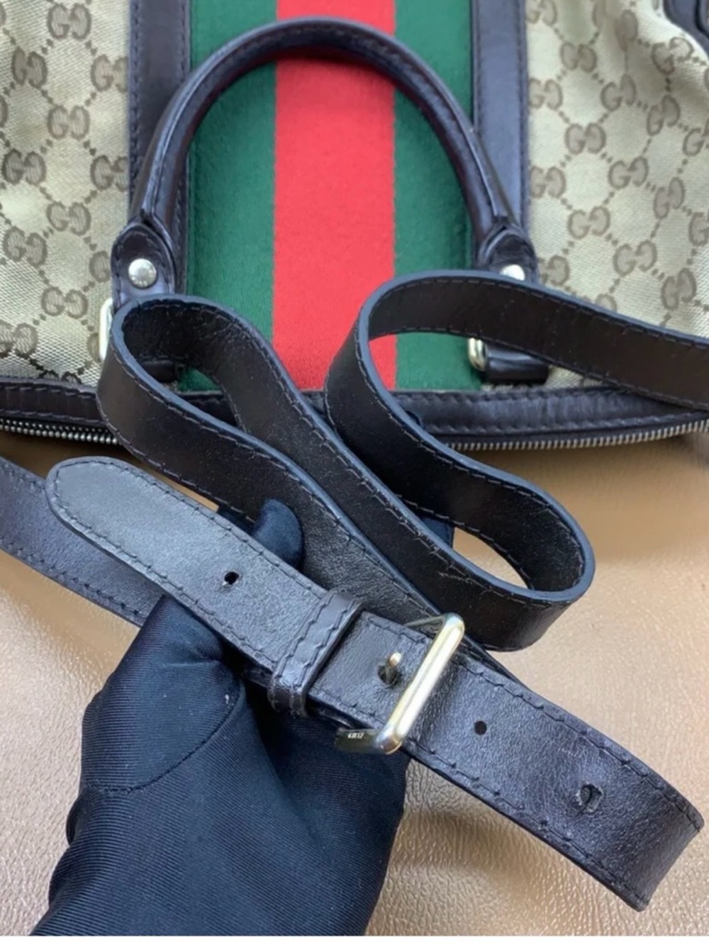 Gucci Tan GG Canvas Duffel with Green and Red Web Stripe - Picture 7 of 11